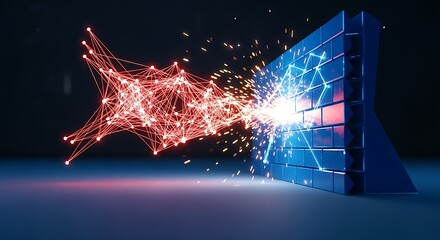 Digital firewall under attack by fiery red cyber threat exploding with energy and sparks