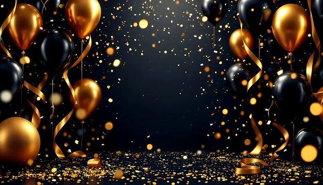 Elegant black and gold balloons and confetti create a festive atmosphere for a celebration