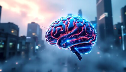 Glowing futuristic brain levitating above a moody foggy cityscape with tall buildings