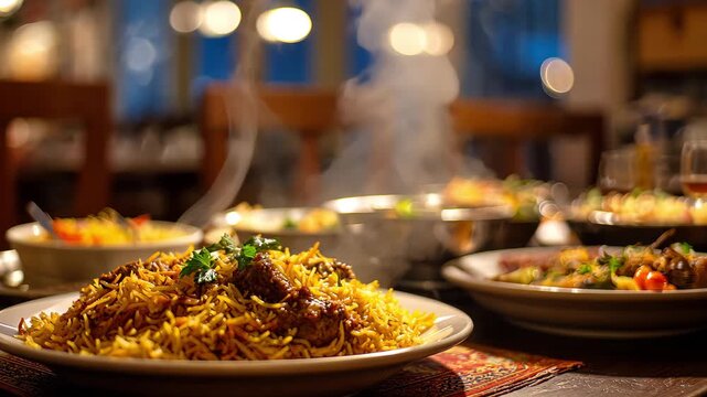Steaming hot biryani with chicken and rice, garnished with herbs