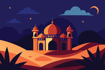 Desert mosque at night with crescent moon and stars glowing in dark sky