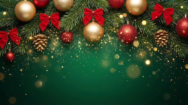 Square banner with gold and red Christmas symbols and text. Christmas tree, balls, golden tinsel confetti and snowflakes on green background. Header for website template.