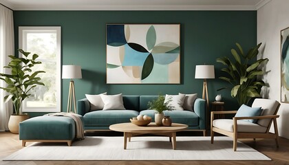 Serene teal living room with abstract art and lush greenery creates a tranquil and stylish ambiance