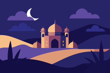 Minimalist mosque in purple desert at night with moon and clouds