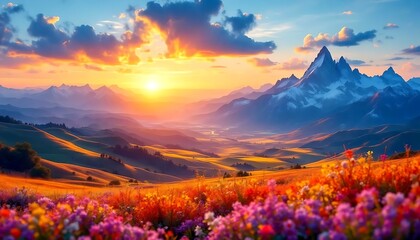Vibrant alpine meadow bathed in golden sunset light with snow capped mountains in the distance