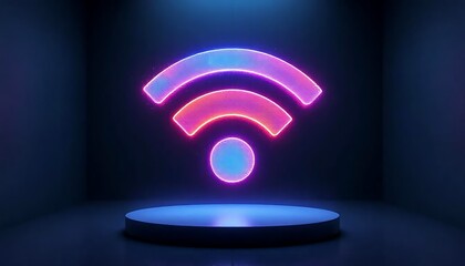 Vibrant neon wi fi symbol glows mysteriously on a dark pedestal with moody lighting