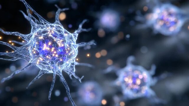 207Glowing futuristic tumor cells under high-tech analysis, luminescent membranes and nuclei visible, precise scientific lighting, bokeh highlights in the background, ethereal neon hu