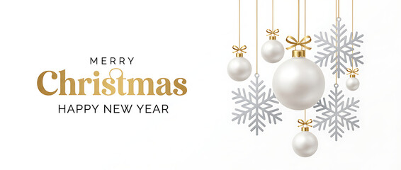 Christmas balls background. Hanging white Xmas decorative bauble, 3d silver metallic snowflakes on the ribbon. Festive vector realistic decor ornaments