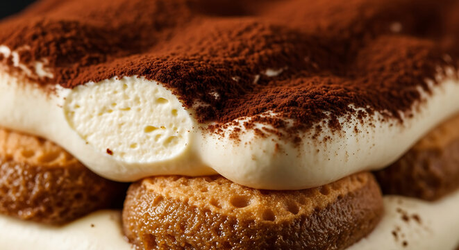 Close-up of a layered tiramisu dessert with ladyfingers, creamy filling, and cocoa powder topping.