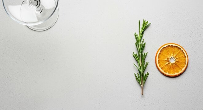 Fresh rosemary, dried orange slice, and glass on a grey surface  