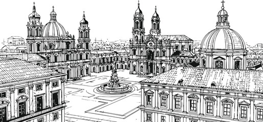Obraz premium Ornate gothic architecture silhouette featuring multiple spires and domes on dark background