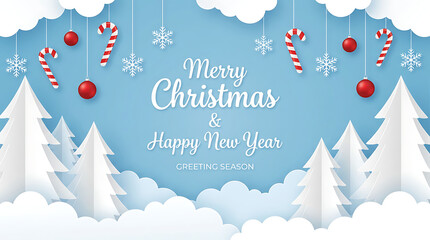 Winter christmas composition in paper cut style.Merry Christmas text Calligraphic Lettering Vector illustration.