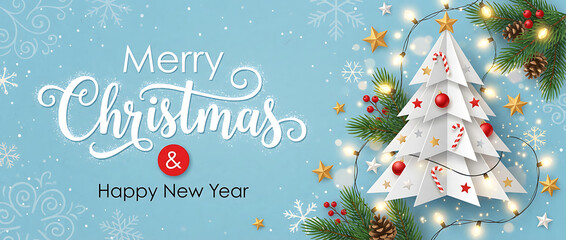 Merry Christmas and Happy New Year background for Greeting cards with tree Branches christmas tree gold paper and gold stars.Merry Christmas vector text Calligraphic Lettering