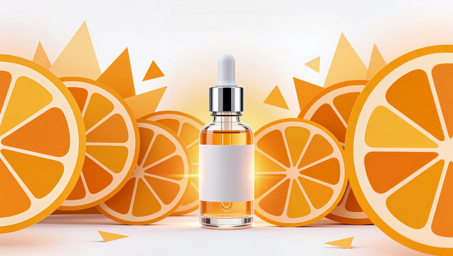Vibrant orange essence in a bottle surrounded by citrus fruit