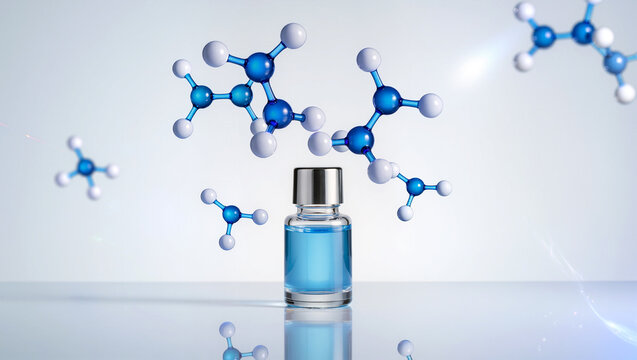Vibrant blue solution with floating molecular structures