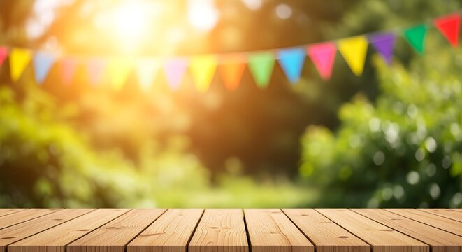Wooden table with colorful bunting garland in a sunny garden setting - Powered by Adobe