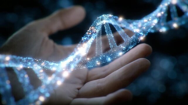 226Macro view of fingers supporting a radiant DNA helix, luminous strands twisting elegantly, soft futuristic glow illuminating the hand and creating cinematic depth