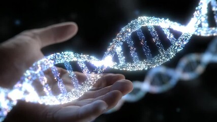 229Dramatic close-up of a hand holding a neon DNA double helix, glowing with pulsating light, abstract particle effects swirling around, symbolic of innovation and genetic research - Powered by Adobe