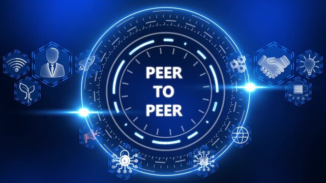 Peer to Peer network concept with interconnected icons and glowing circle Keywords: Peer to Peer, P2 P, network, connection, technology, communication, data, sharing, decentralized, blockchain