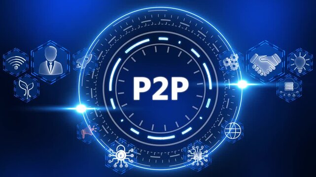 P2 P network concept with interconnected icons and glowing circle Keywords: P2 P, peer to peer, network, connection, technology, communication, data, sharing, decentralized, blockchain, finance