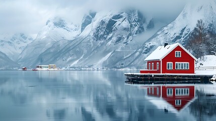 Red cabin reflecting in icy water with snowy mountains