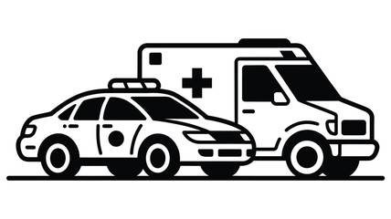 Emergency Vehicles Police Car and Ambulance Illustration in Black and White
