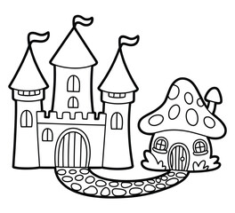 Enchanted castle and mushroom house illustration for fairy tale coloring book