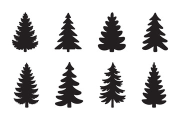 Obraz premium Christmas tree silhouette set, holiday pine icons, festive evergreen clipart, black tree shapes, winter decoration graphics, seasonal vector design