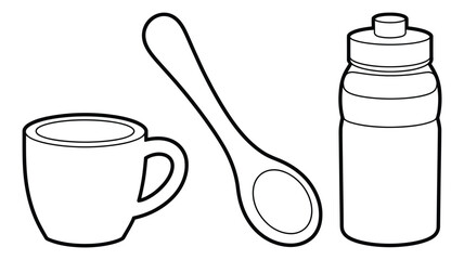 Line art illustration of cup spoon and sports water bottle design