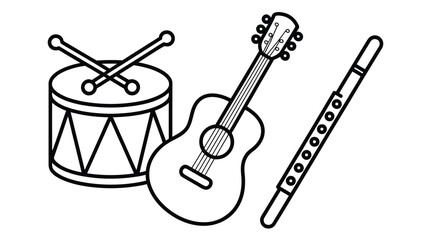 Musical instruments illustration featuring drum guitar and flute for educational material