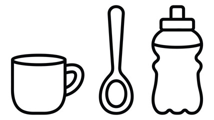 Minimalist outline of a mug spoon and water bottle for design