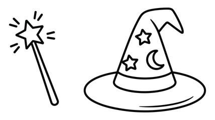 Magical Wizard Set with Wand and Hat in Black and White