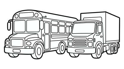 School bus and delivery truck outline illustration for coloring pages