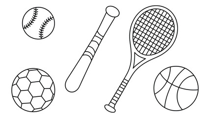 Set of sport equipment ball bat and racket line art drawing