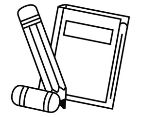 Simple line art of school supplies with a notebook and pencil