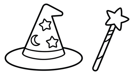 Wizard Hat and Star Wand Black and White Outline Illustration