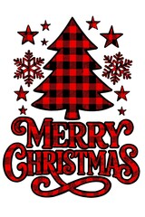 Merry christmas text with red black buffalo plaid tree design
