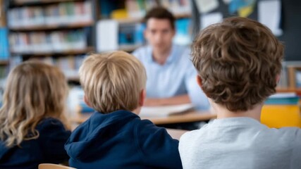 340Young students sitting at desks from back view, teacher teaching lesson, classroom bright with educational posters and books, focus on attentive learning - Powered by Adobe