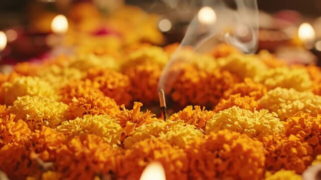 Marigold flowers with burning incense and glowing diya lamps