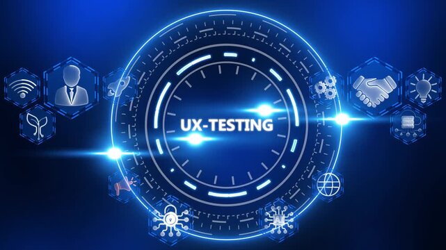 Digital UX testing concept with glowing icons and central UXTESTING text Keywords: UX testing, user experience, software development, technology, digital, abstract, business, concept