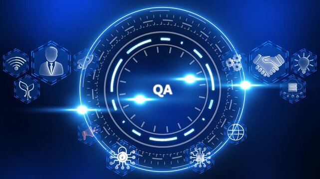 Digital Quality Assurance concept with glowing icons and central QA text Keywords: QA, quality assurance, testing, software development, technology, digital, abstract, business, concept