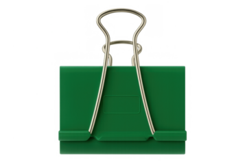 Green binder clip gripping papers and organizing important documents for office and school work. Transparent background