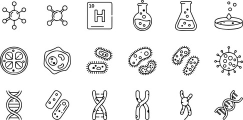 Science icons set with molecules, dna strand, flasks, petri dish, cells, and bacteria perfect for scientific research, medicine, and education materials
