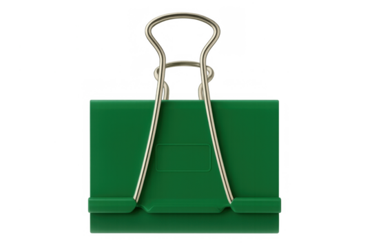 Green binder clip gripping papers and organizing important documents for office and school work. Transparent background
