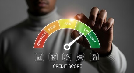 Person interacting with a credit score meter, concept of financial health