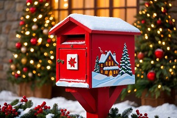 Red christmas mailbox decorated with snow and winter scene