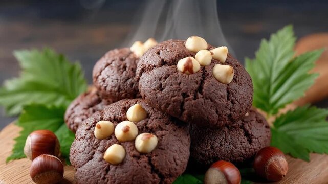 Close-up of a delectable stack of freshly baked, warm chocolate cookies, each generously topped with whole, peeled nuts, emanating soft wisps of steam. These rich, dark brown treats are artfully arran