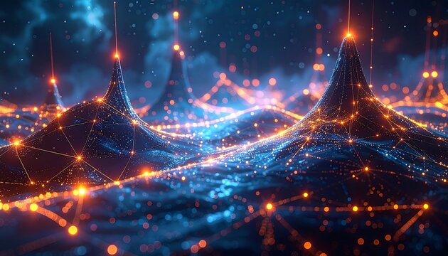 Futuristic Network Landscape with Glowing Connections and Data Flow.