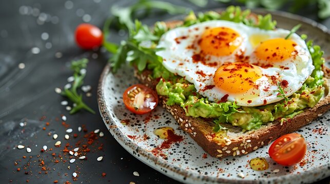 Delicious avocado toast with fried eggs and cherry tomatoes - Powered by Adobe