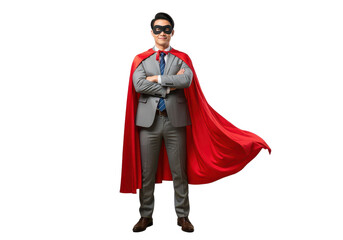 Confident Businessman Dressed as Superhero with Red Cape and Mask in Studio Setting